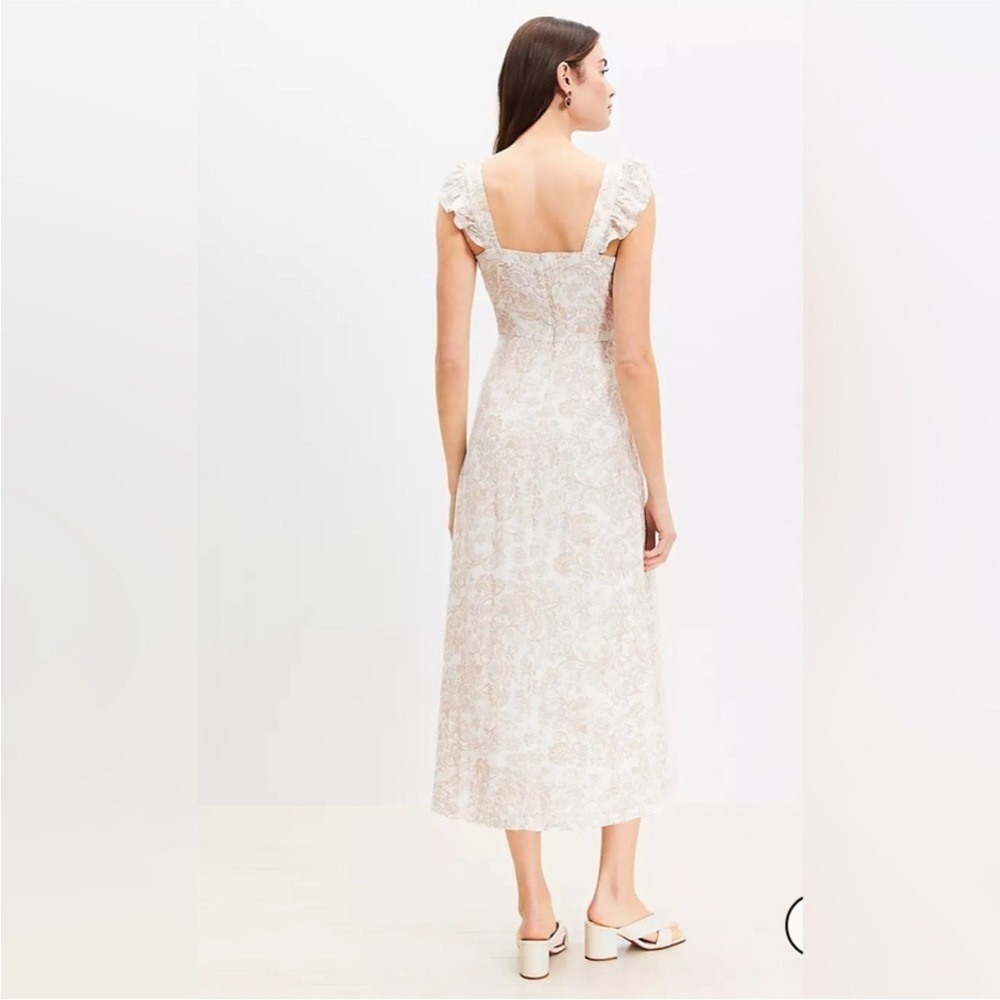 NEW Loft Dress Floral Swirl Ruffle Strap Midi Length White Size 4 - Picture 2 of 4